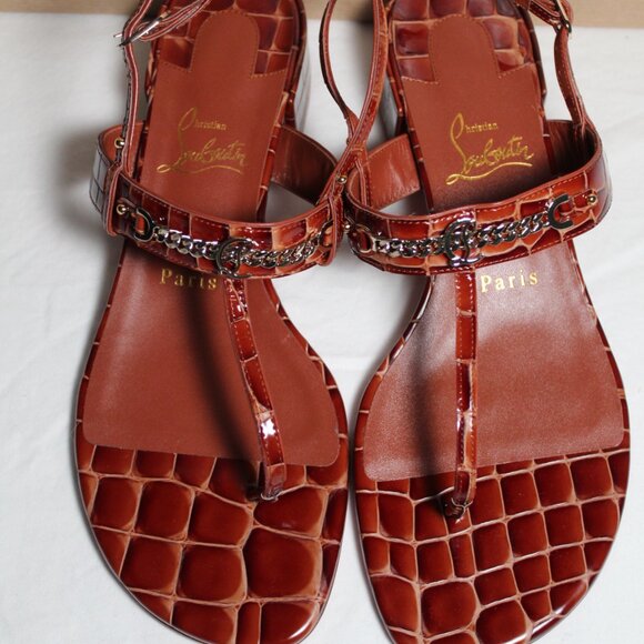 NWOB Christian Louboutin Logo CL Croc Brown Thong MJ Sandals Red Bottom 38.5 - Picture 5 of 9
